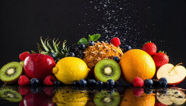 Fresh fruit falling in motion with vibrant colors dynamic splash healthy food concept and natural energy