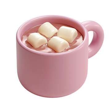 Cute pastel pink mug of hot cocoa with cream marshmallows floating on top isolated on transparent background for cozy winter drink design