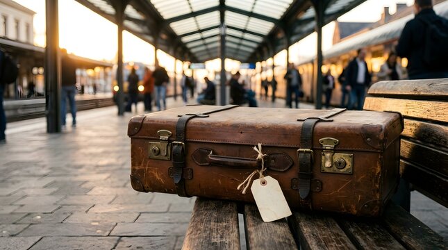 Vintage weathered brown leather suitcase on a train station bench