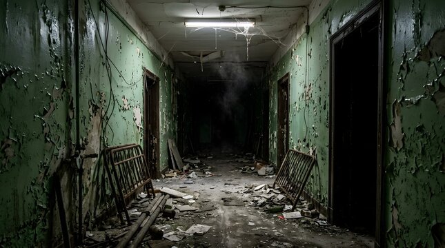 Eerie abandoned asylum hallway with peeling green paint and debris
