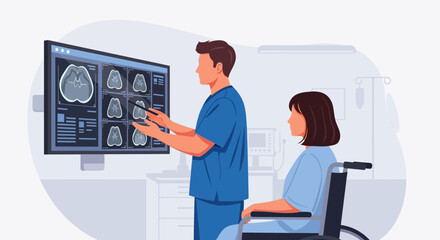 Obraz premium Doctor shows brain scan to patient in wheelchair