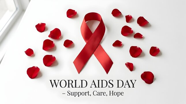 Red awareness ribbon surrounded by scattered rose petals on white