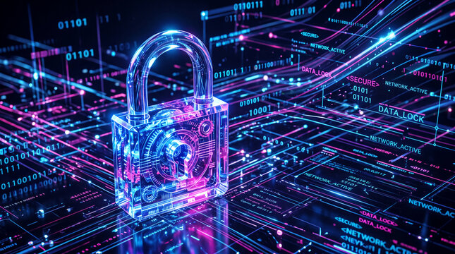 Digital padlock with glowing circuit lines and binary code, symbolizing data security, cybersecurity, and digital protection.