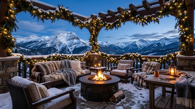 Snowy mountain terrace with fire pit and Christmas lights