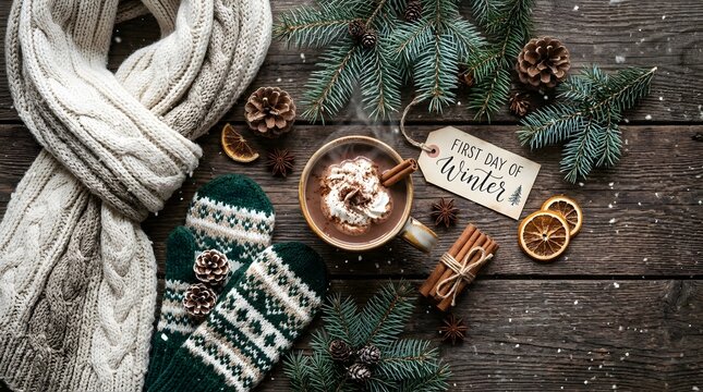 Knitted scarf, mittens, and hot cocoa on a rustic wooden table