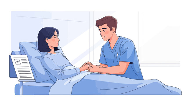 Nurse comforting patient in hospital bed, hands held, care and support
