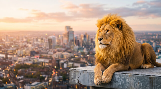 Male lion with golden mane looking out over a city skyline at sunset, symbolizing power, dominance, and urban wilderness.