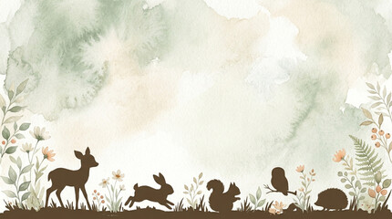 Fototapeta premium Watercolor background featuring brown silhouettes of a deer, rabbit, squirrel, owl, and hedgehog. Includes botanical leaf and flower illustrations with green and beige paint washes.