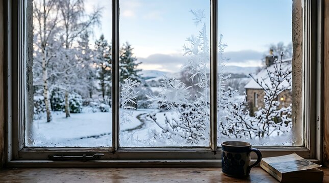 Cozy winter scene viewed through a frosted window with a book and mug