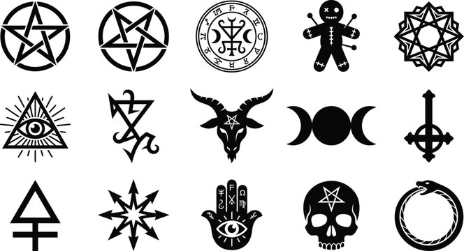 Occult mystic symbols pentagram voodoo doll occultism satanic ritual symbols.