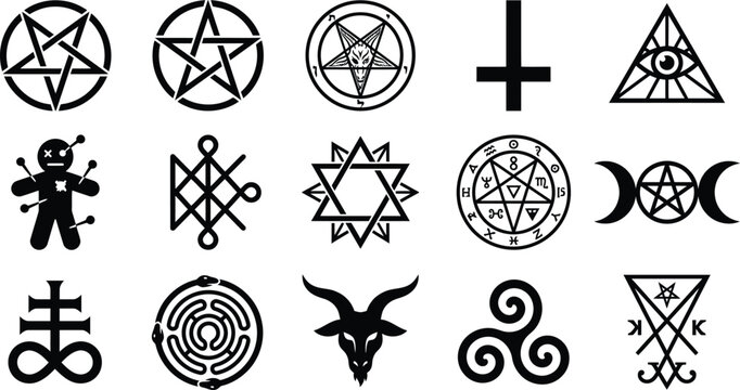 Occult mystic symbols pentagram voodoo doll occultism satanic ritual symbols.