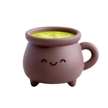 Cute smiling cauldron mug with bubbling lime green potion isolated on transparent background for halloween party decoration design