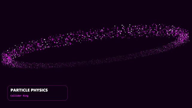 Circular particle collider ring with glowing purple neon triangles swirling in space for scientific research simulation