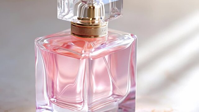 Luxurious pink perfume bottle displayed elegantly on marble under sunlight