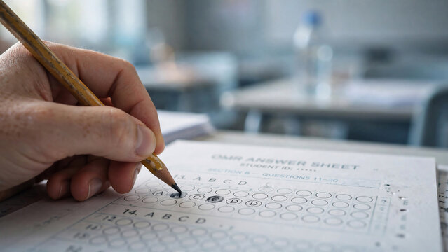 Close-up of hand holding pencil shading multiple choice bubble on test sheet, perfect for academic assessment, student exam and school certification.