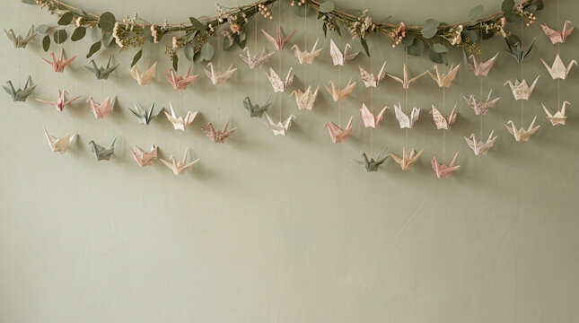 Botanical garland of eucalyptus and dried flowers featuring hanging multicolored origami paper cranes in pastel shades against a textured sage green wall with negative space.