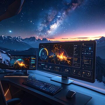 Futuristic computer workstation with starry night sky.