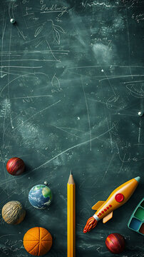 Vertical copy space on chalkboard background with 3D rocket pencil and planets for mobile back to school smartphone layouts