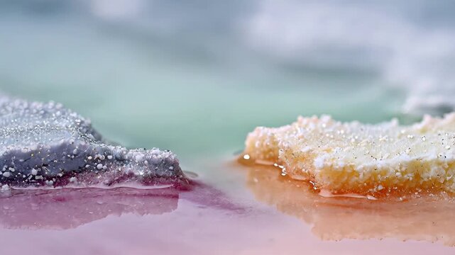 Mesmerizing closeup of effervescent soda bubbling over pastel surface