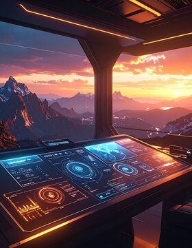 Futuristic control panel mountain sunset view.