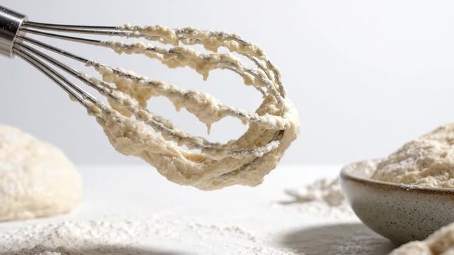 Metal Whisk with Sticky Bread Dough in Floury Kitchen