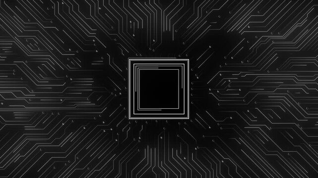 Black circuit board chip background with white electronic traces, central square processor, minimal technology style. for hardware videos, AI intros, software screens, cyber visuals, digital overlays.