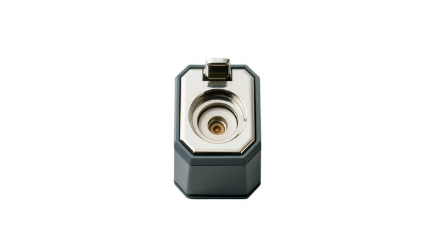 Isolated shiny metallic industrial component with a recessed circular port on a dark base