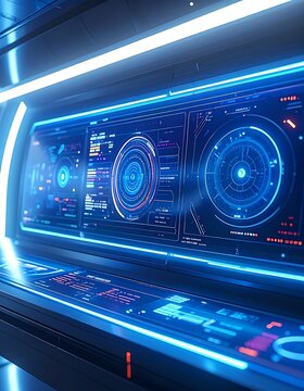Futuristic control panel with blue lights.