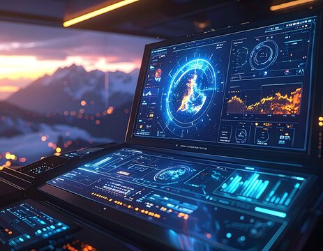 Futuristic control panel with digital screens.