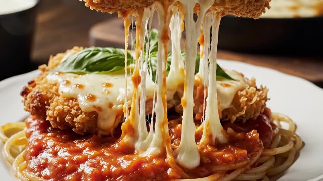 A close-up video of a breaded cutlet with melted cheese being lifted by a fork from a plate of spaghetti, showing melted cheese stretching.