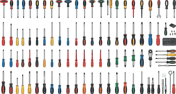 Massive collection of professional screwdrivers manual hand tools flathead phillips and torx drivers with colorful handles vector set