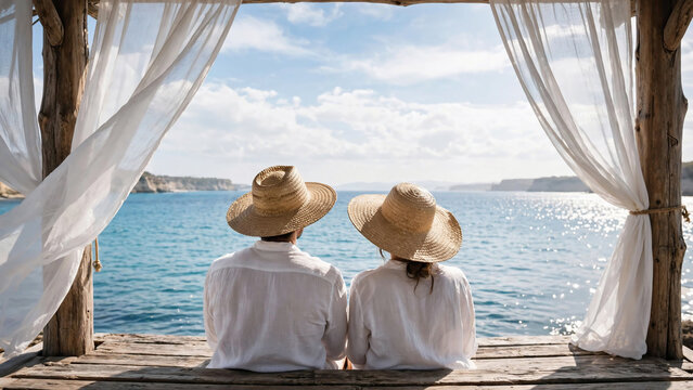 Couple in straw hats looking at the ocean from a wooden cabana with curtains, perfect for luxury vacation marketing, romantic travel and holidays