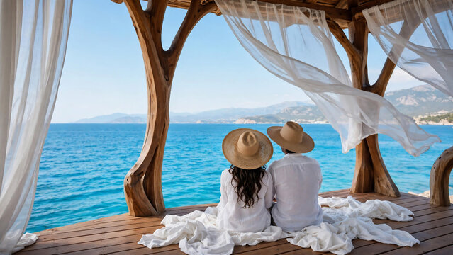 Couple in straw hats looking at turquoise sea from rustic wooden gazebo with flowing white curtains, perfect for travel ads, romantic getaways, vacations.