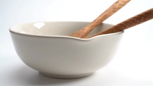 Minimalist White Ceramic Bowl with Wooden Utensils