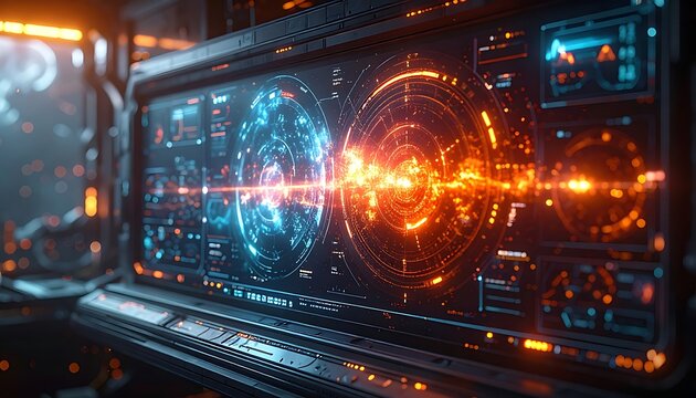 Futuristic control panel with glowing screens.