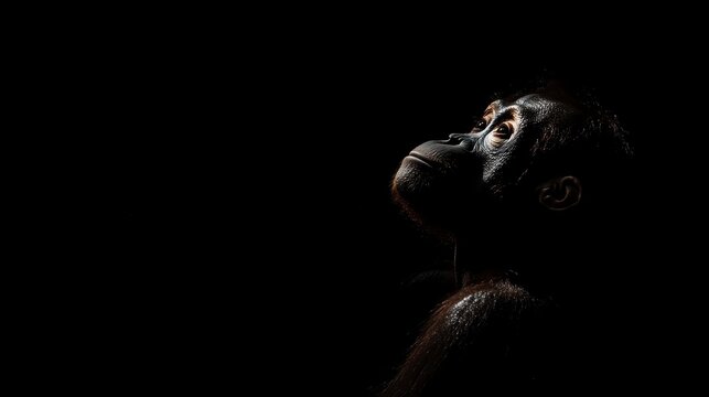 Orangutan portrait, dark background, looking up, hope, wildlife.