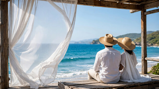 Couple in straw hats sitting on a wooden terrace by the sea, white curtains blowing in wind, concept for luxury travel, romantic getaway and vacation
