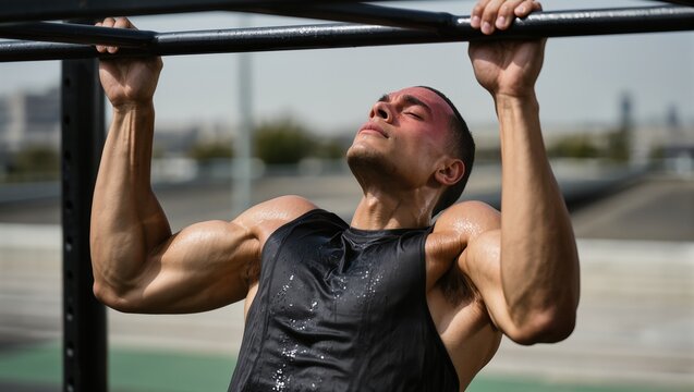 Strong athletic man doing pull-ups on a bar outdoors during a workout