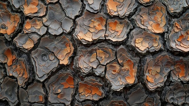 Close up of rugged tree bark texture background with dark and orange patterns