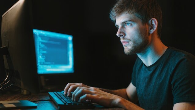 Focused male programmer working on a laptop at night in a dark room