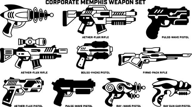Game futuristic blasters. Space aliens laser, space blasters, guns and rifles for children playing vector illustration set. Futuristic pistols elements