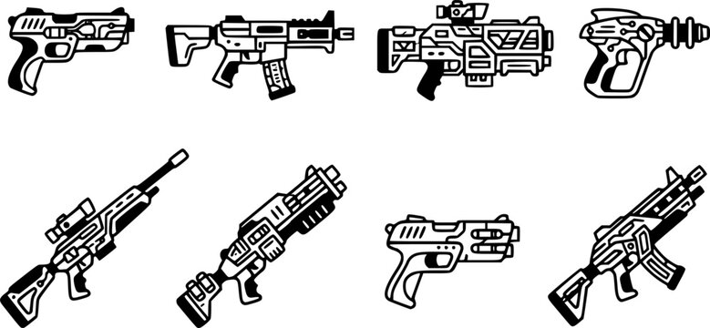 Game futuristic blasters. Space aliens laser, space blasters, guns and rifles for children playing vector illustration set. Futuristic pistols elements