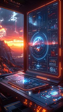 Futuristic control panel with neon lights.