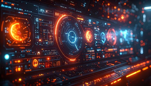 Futuristic control panel with neon lights.