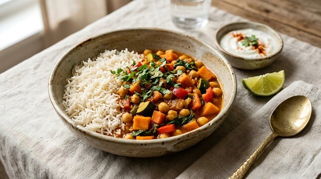 Healthy bowl of vegetable curry with white rice and fresh herbs on a rustic wooden table. Easy weekday dinners
