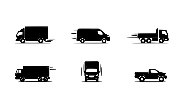 Delivery Truck Icon Set in Motion Poses, Black Line Style with Clean Shapes for Logistics Concept Graphics