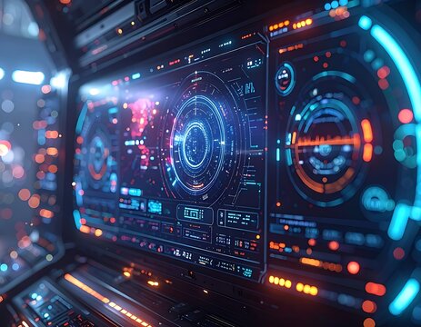 Futuristic control panel with neon lights.