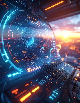 Futuristic control panel with neon lights.