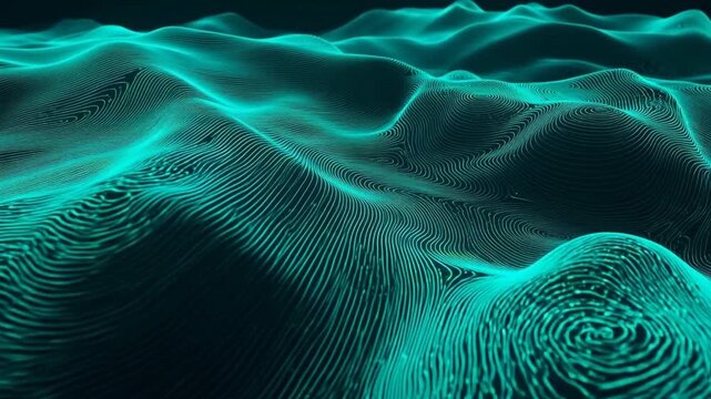 Abstract digital landscape with flowing teal waves and intricate line patterns
