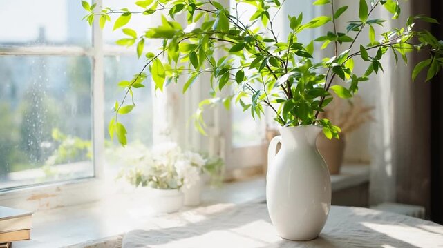 Green plant in a white vase on a sunlit windowsill